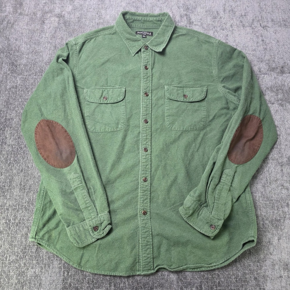 J.CREW Mercantile Flex Mens XL Flannel Button Shirt Green Brown Elbow Patches